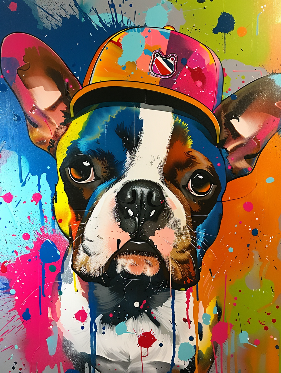 Colorful space Boston Terrier dog with a hat Expressive surreal Poster # F024625