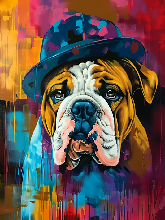 Colorful space Bulldog dog with a hat Expressive surreal Poster # F025427