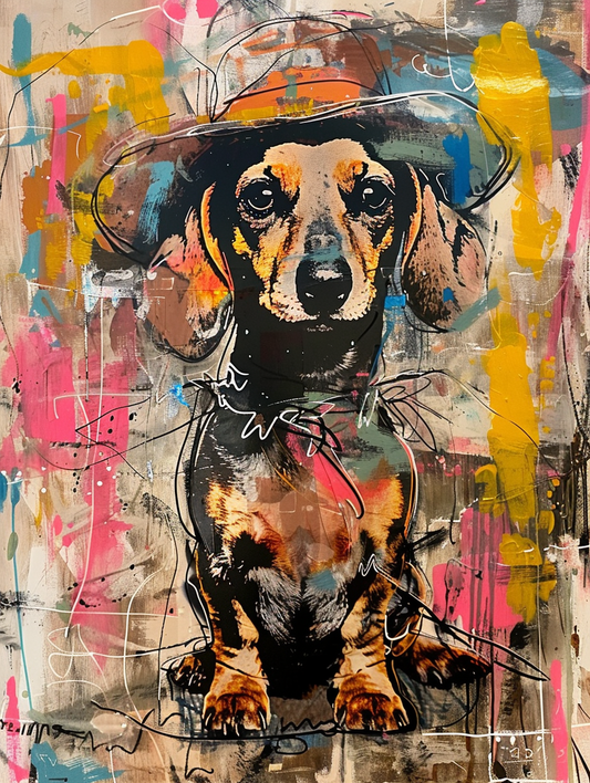 Colorful space Dachshund dog with a hat - Expressive surreal Poster # F025457