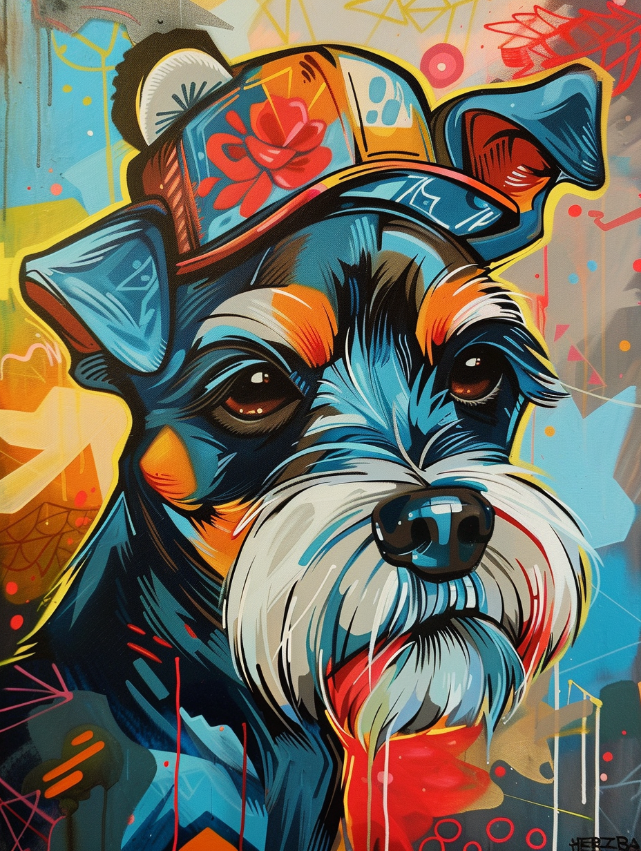 Colorful space Miniature Schnauzer dog with a hat Expressive surreal Poster # F024445