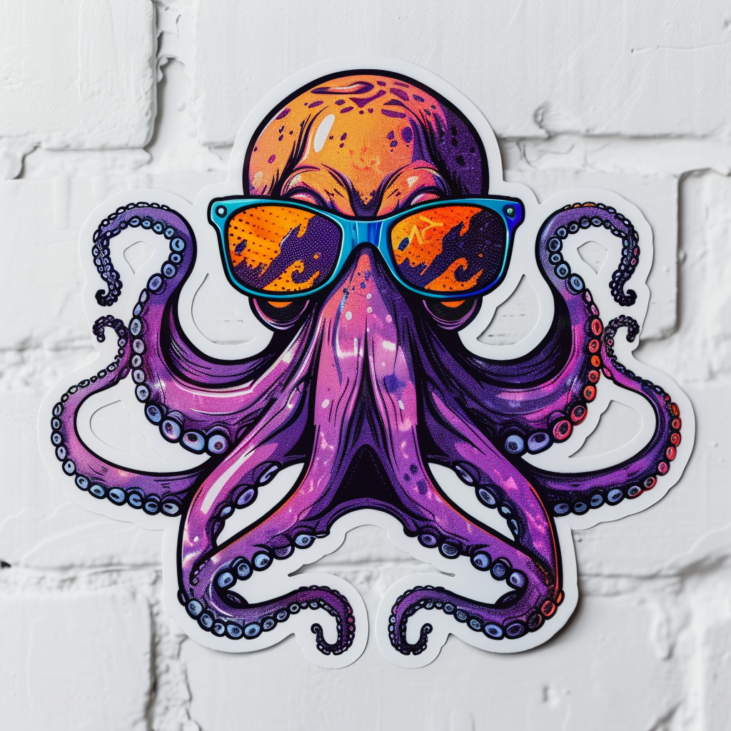 Sticker of a Octopus wearing sunglasses majestic Expressive surreal Vinyl Decal Sticker for Car, Laptop, Tumbler and more # F015382