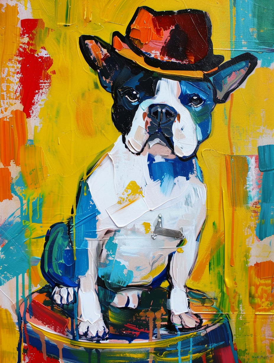 Colorful space Boston Terrier dog with a hat Expressive surreal Poster # F024601