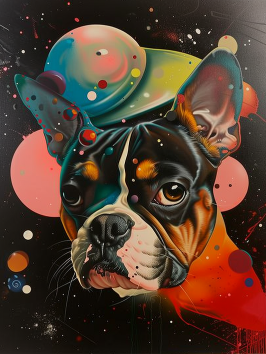 Colorful space Bulldog dog with a hat Expressive surreal Poster # F025561