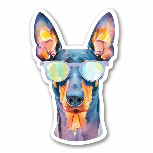 Sticker of a Doberman Pinscher Dog wearing sunglasses Expressive surreal Vinyl Decal Sticker for Car, Laptop, Tumbler and more # F019249