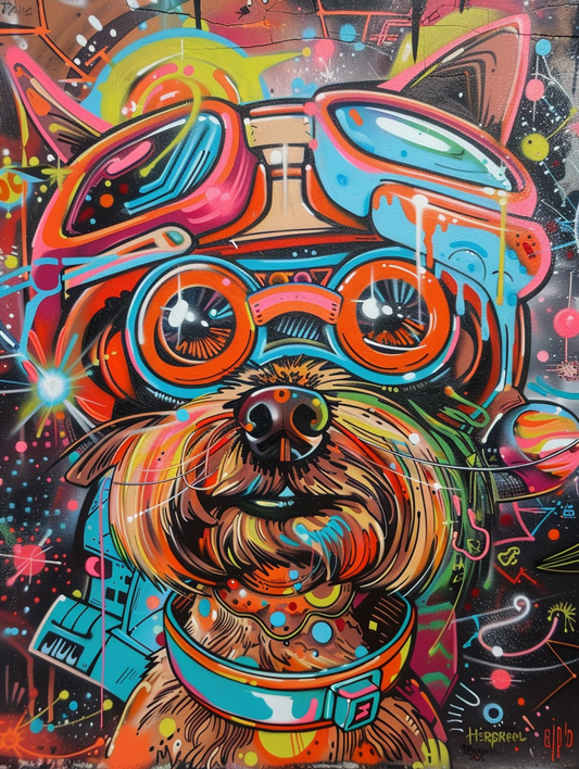 Colorful space Yorkshire Terrier dog with a hat Expressive surreal Poster # F024876