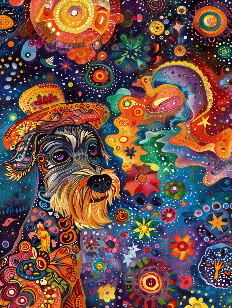 Colorful space Miniature Schnauzer dog with a hat Expressive surreal Poster # F024447
