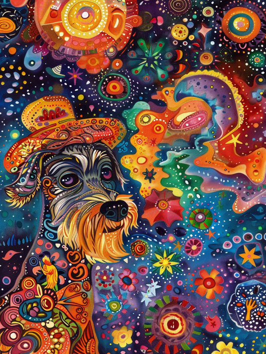 Colorful space Miniature Schnauzer dog with a hat Expressive surreal Poster # F024447