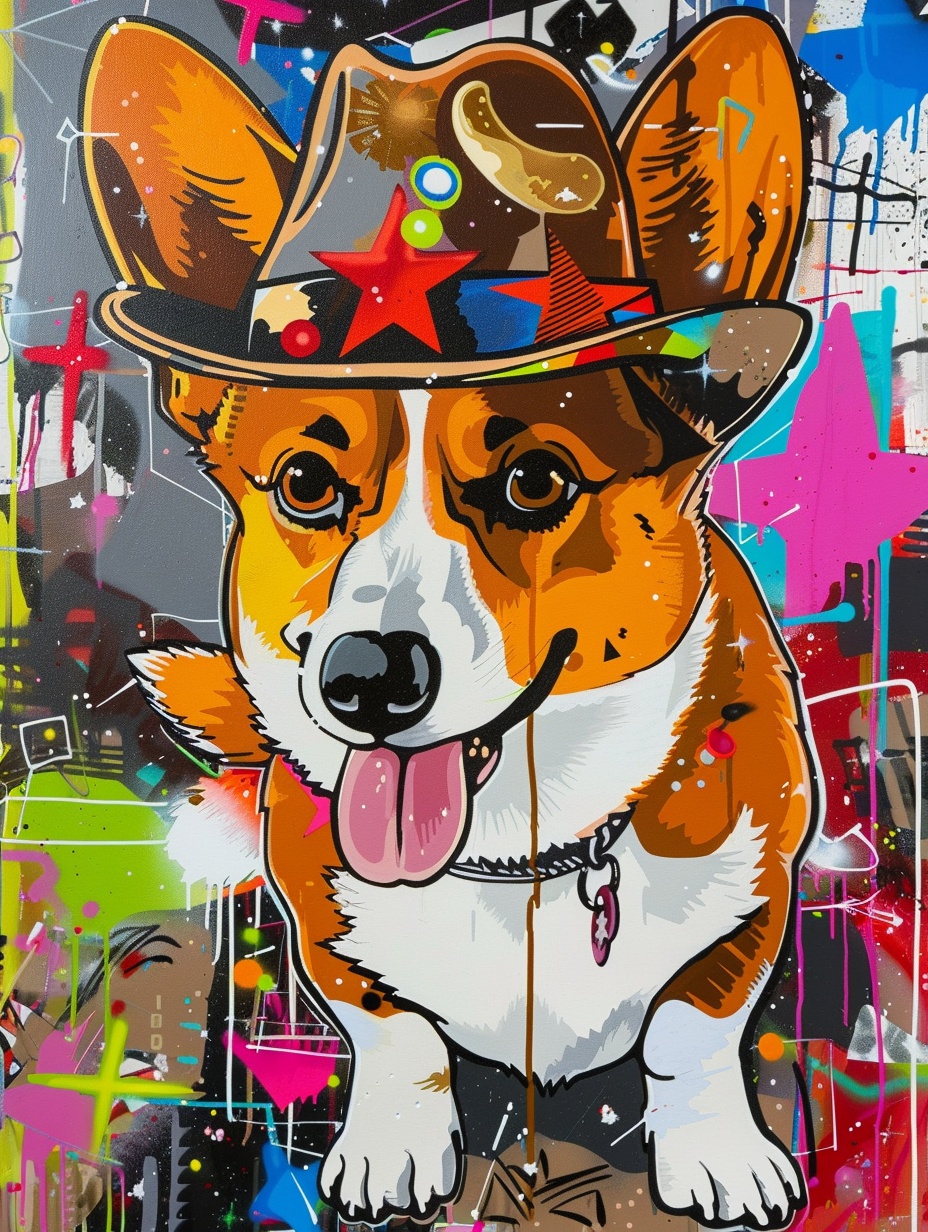 Colorful space Pembroke Welsh Corgi dog with a hat Expressive surreal Poster # F025484