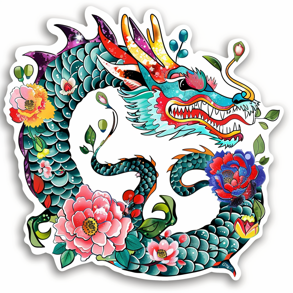 Dragon floral majestic Expressive surreal Vinyl Decal Sticker for Car, Laptop, Tumbler and more # F019032-4" x 4"
