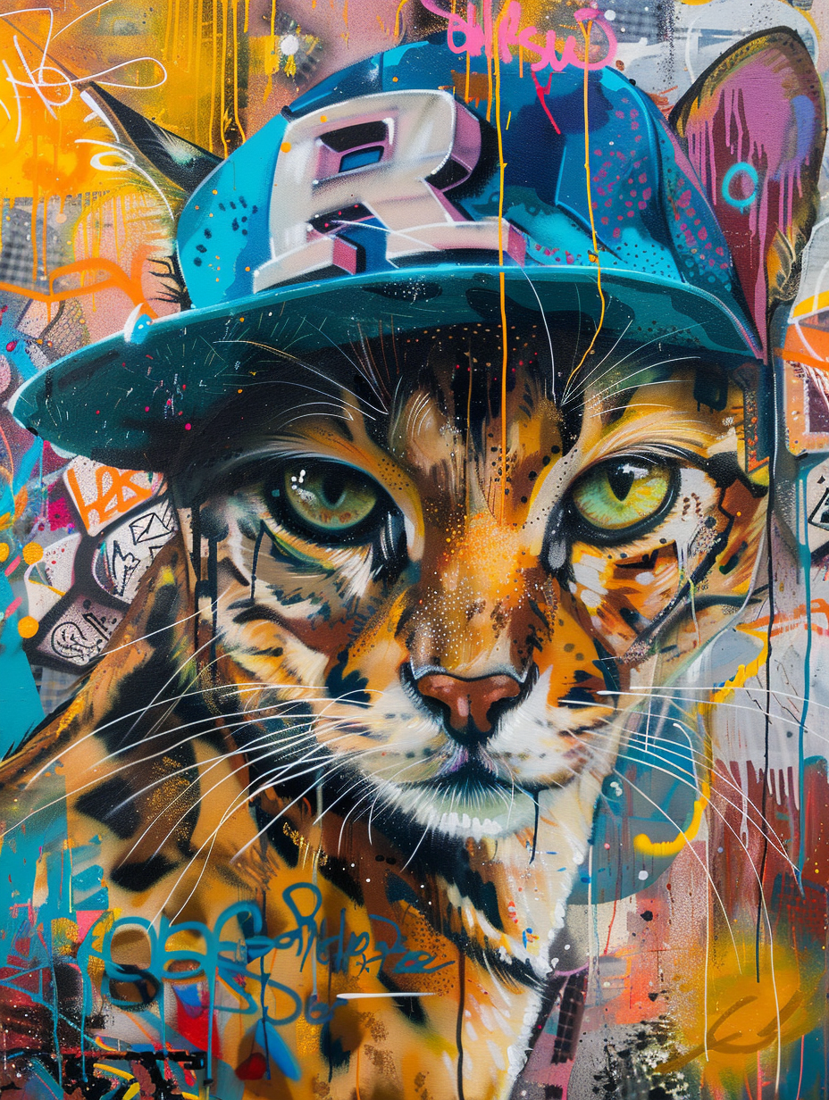 Colorful space Savannah cat with a hat Expressive surreal Poster # F025213