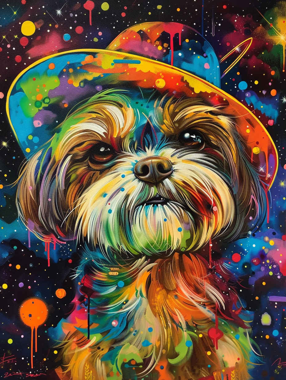 Colorful space Shih Tzu dog with a hat Expressive surreal Poster # F025432