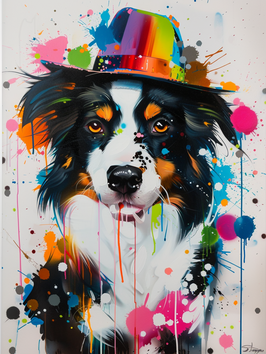 Colorful space Border Collie dog with a hat Expressive surreal Poster # F024922