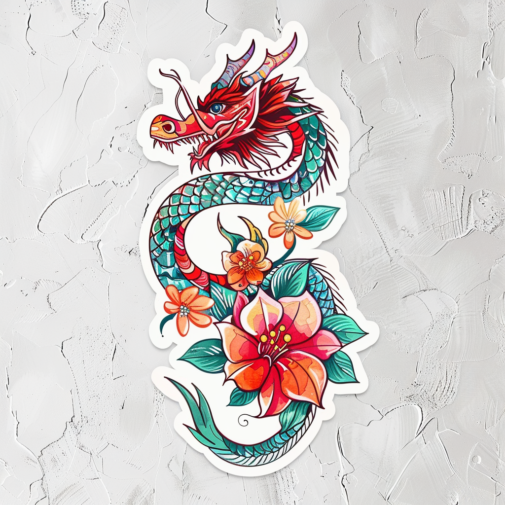Dragon floral majestic Expressive surreal Vinyl Decal Sticker for Car, Laptop, Tumbler and more # F019023