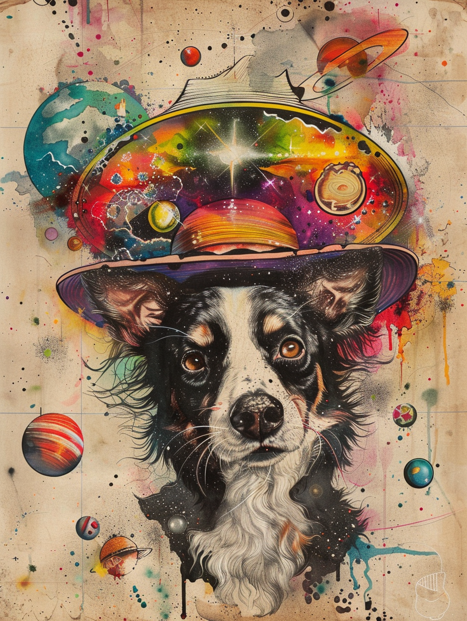 Colorful space Border Collie dog with a hat Expressive surreal Poster # F024424