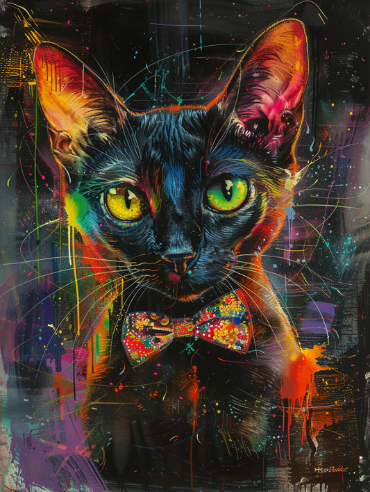 Colorful space Abyssinian cat with a bow tie Expressive surreal Poster # F024364