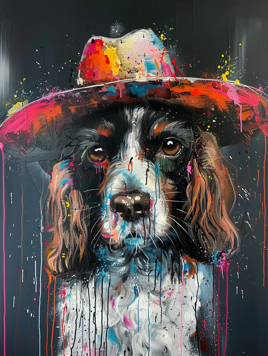 Colorful space Cocker Spaniel dog with a hat Expressive surreal Poster # F025134