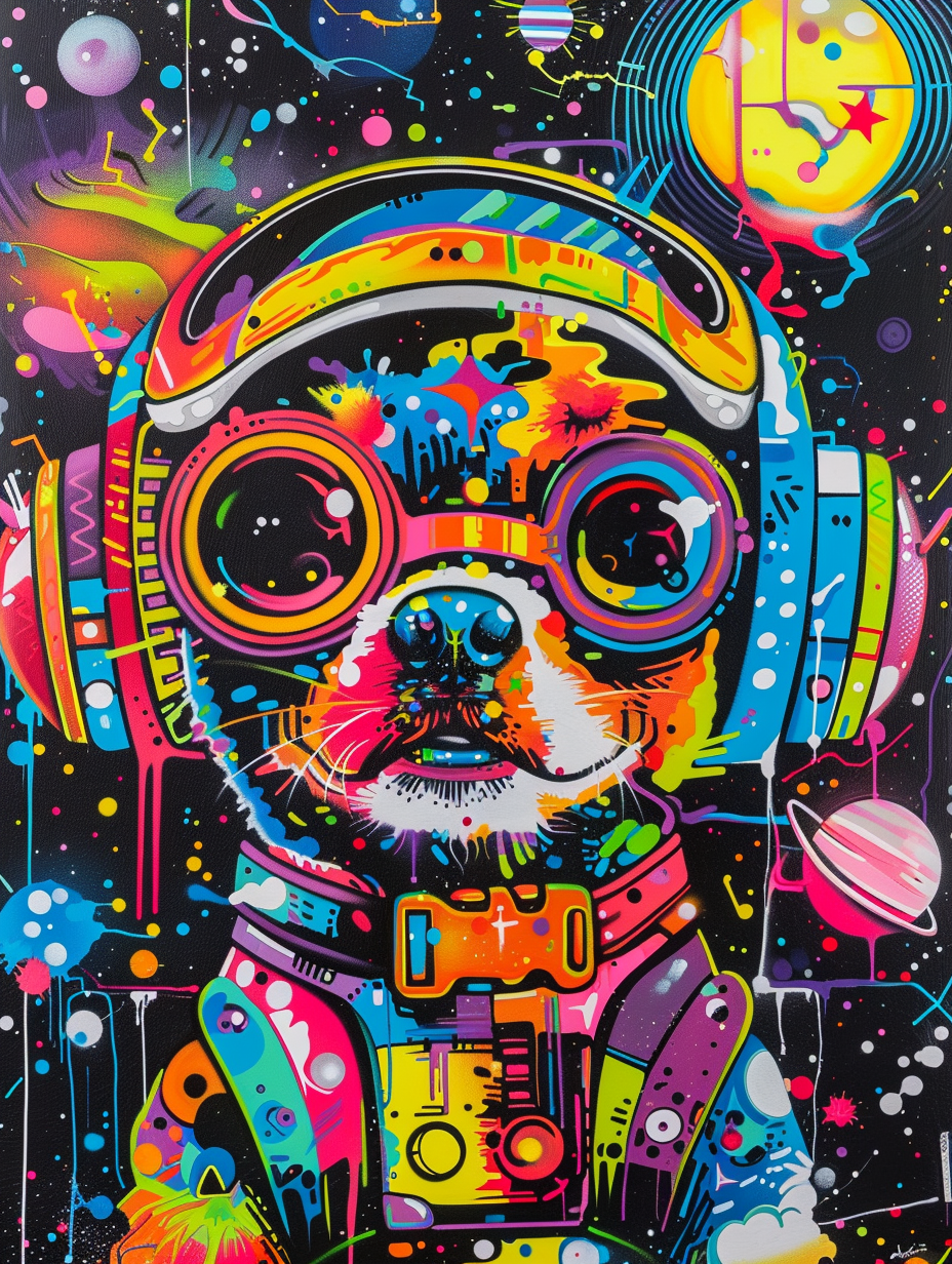 Colorful space Boxer dog with a hat by Hebru Brant Expressive surreal Poster # F024549