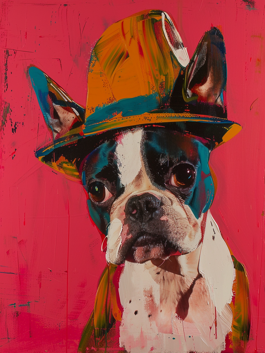 colorful space Boston Terrier dog with a hat Expressive surreal Poster # F025012