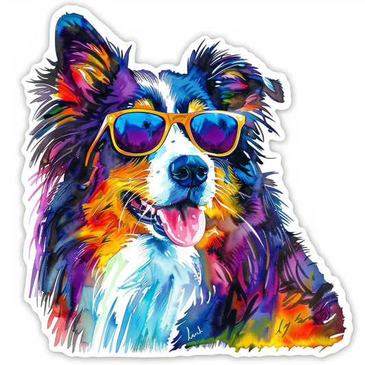 Border Collie Dog wearing sunglasses Expressive surreal Vinyl Decal Sticker for Car, Laptop, Tumbler and more # F021684-4" x 4"