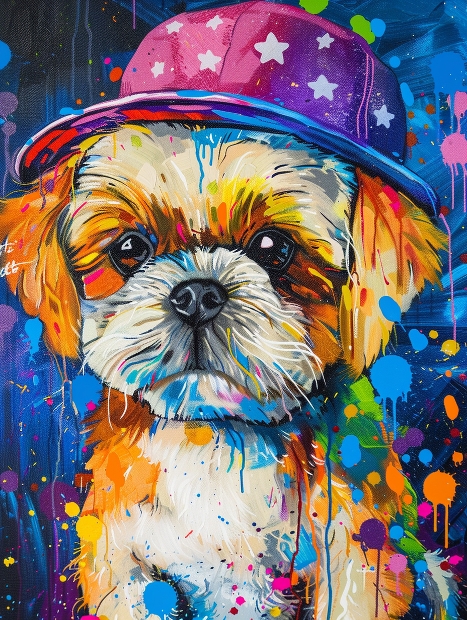 Colorful space Shih Tzu dog with a hat Expressive surreal Poster # F024400