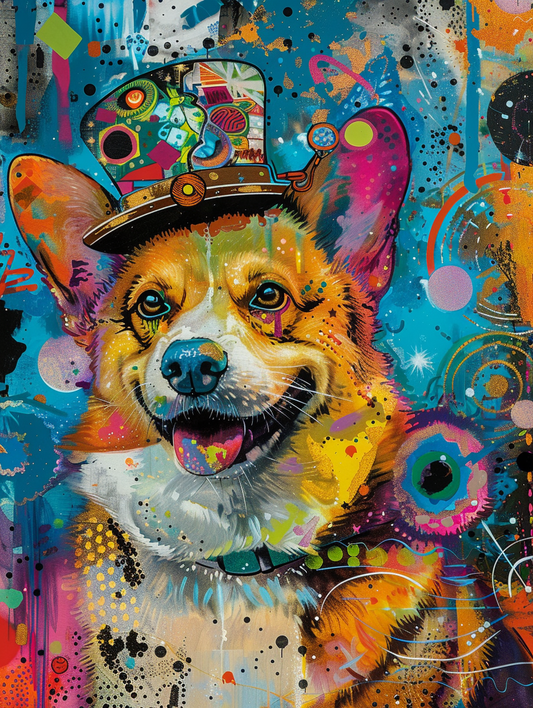 Colorful space Pembroke Welsh Corgi dog with a hat Expressive surreal Poster # F025157