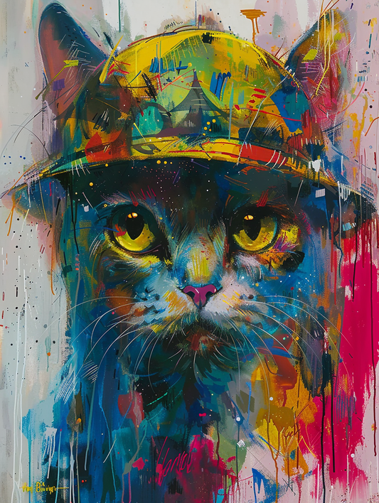 colorful space American Shorthair cat with a hat Expressive surreal Poster # F025240
