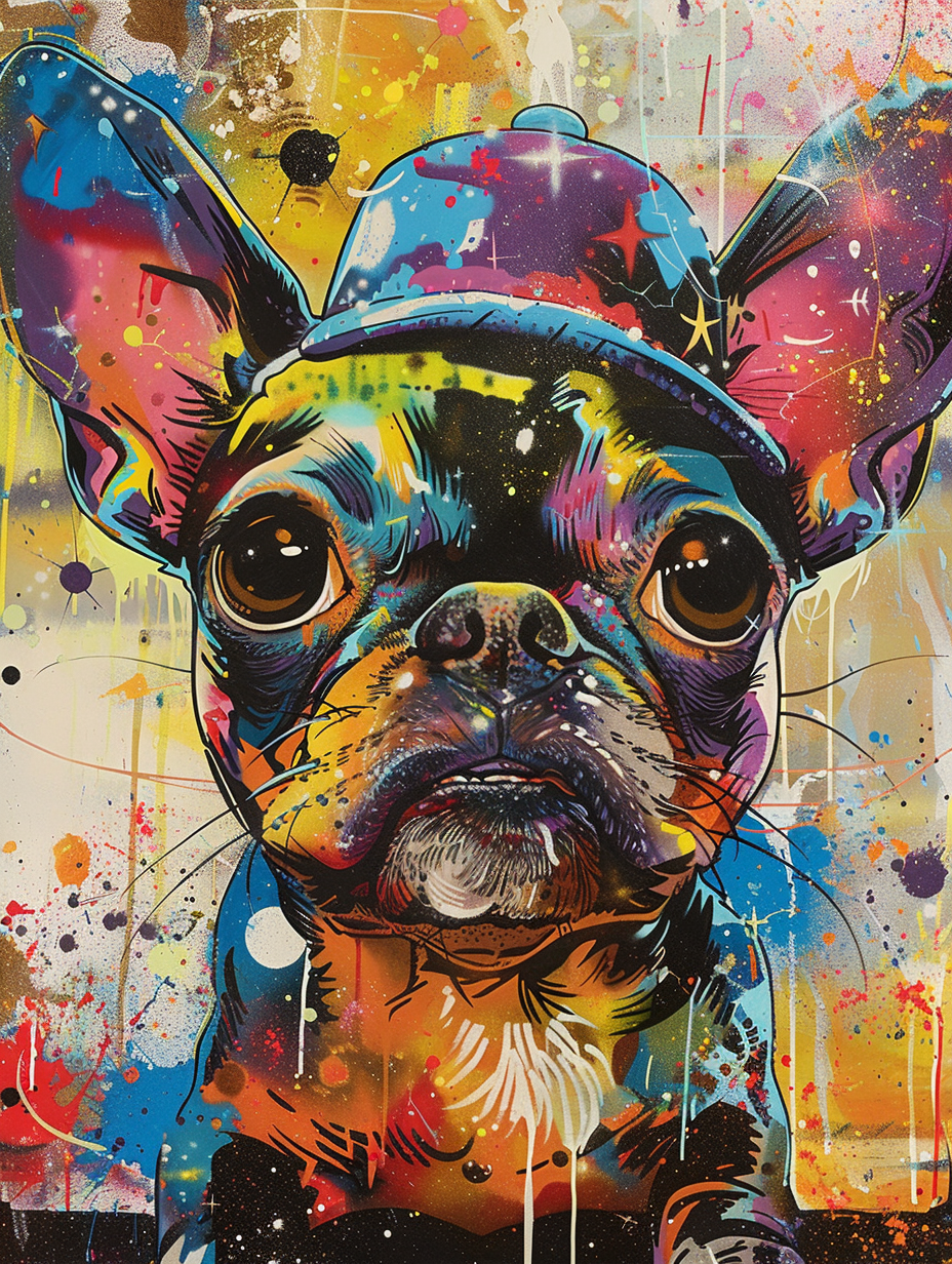 Colorful space Chihuahua dog with a hat Expressive surreal Poster # F025481