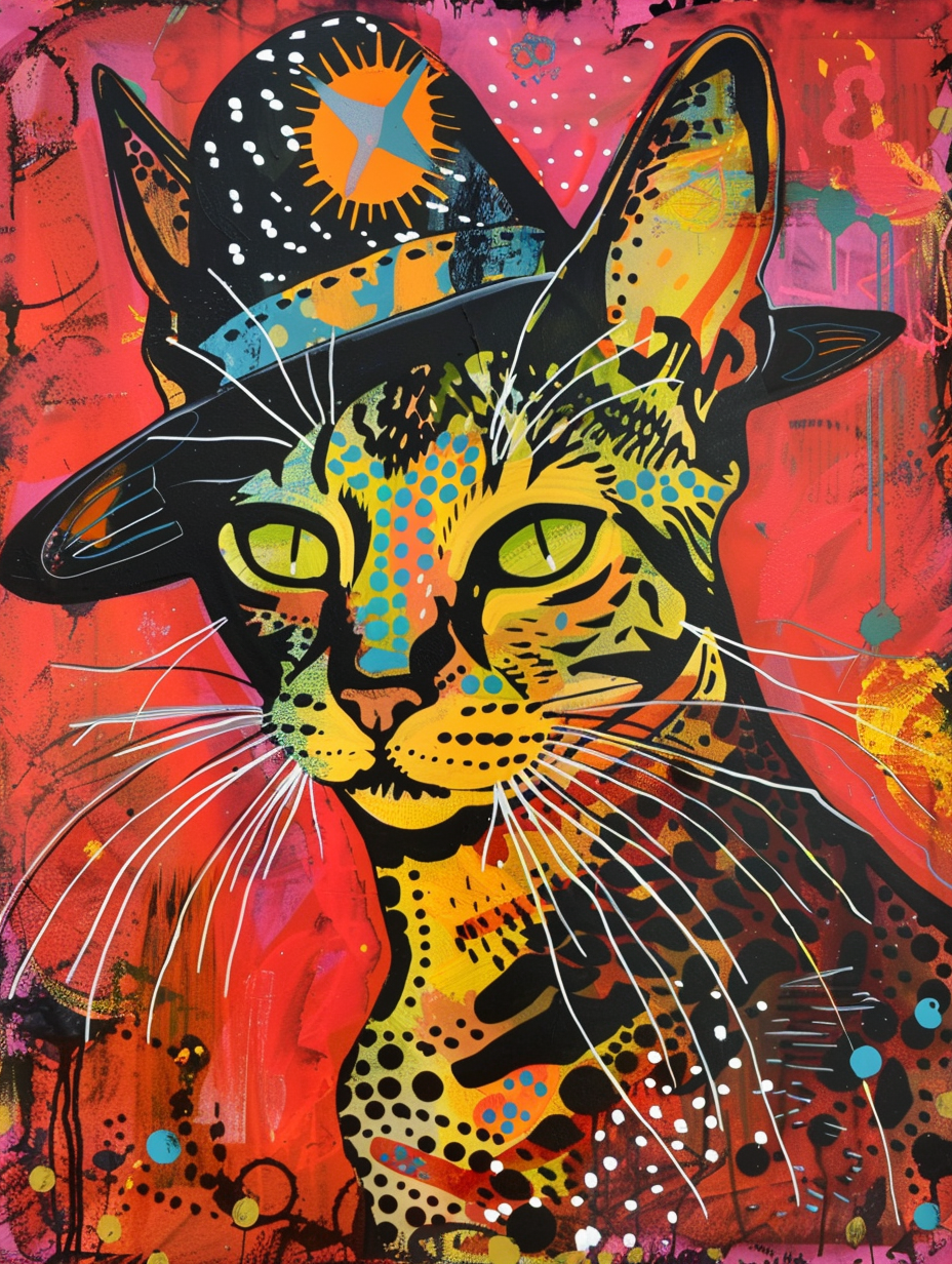 colorful space Bengal cat with a hat by Gotlib Bran Expressive surreal Poster # F024667