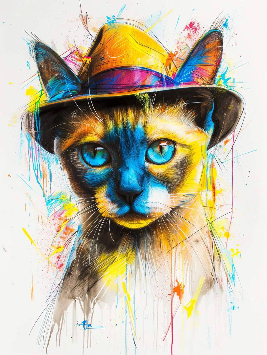 Colorful space Tonkinese cat with a hat Expressive surreal Poster # F025292