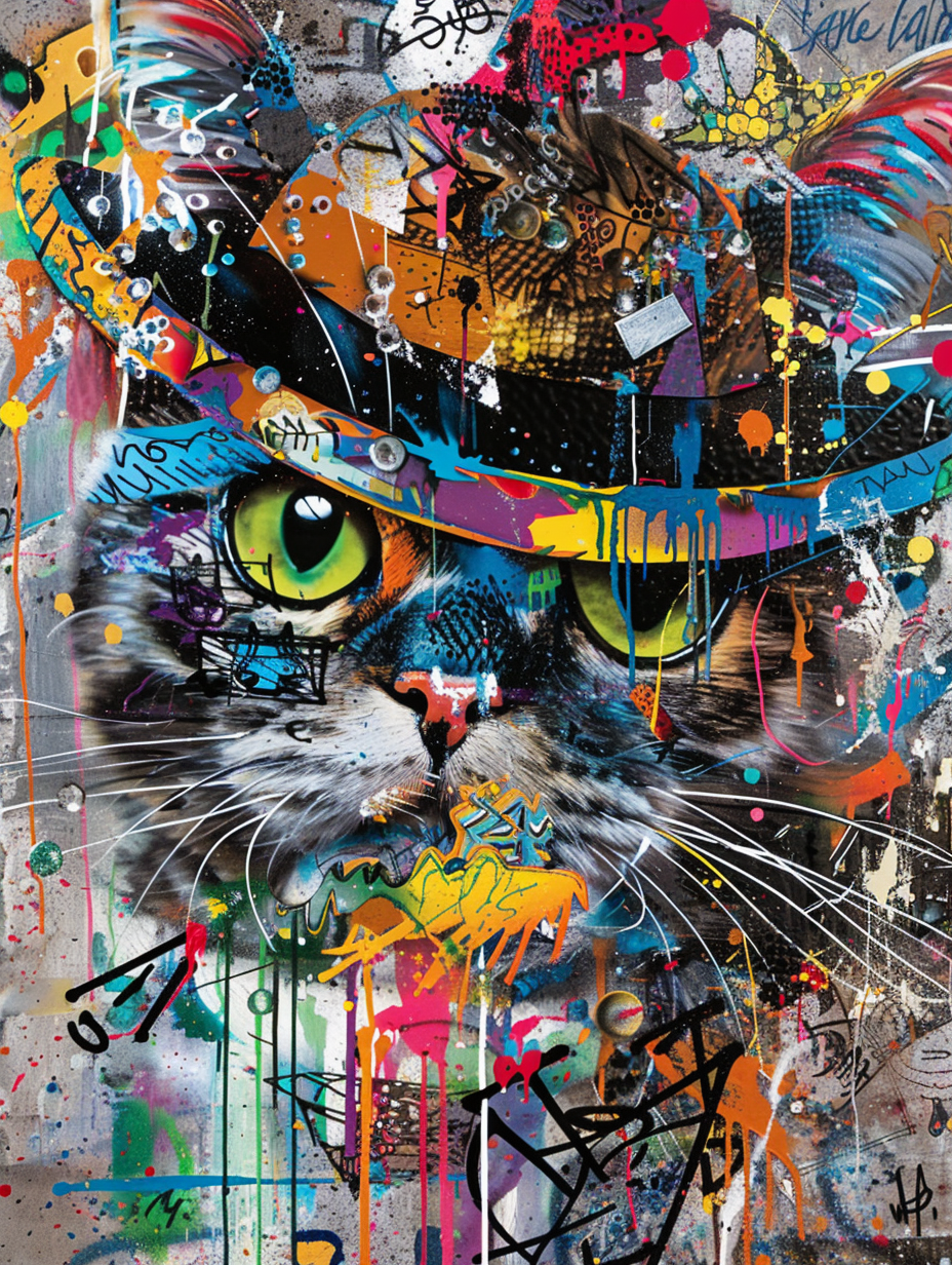 colorful space British Shorthair cat with a hat Expressive surreal Poster # F025308