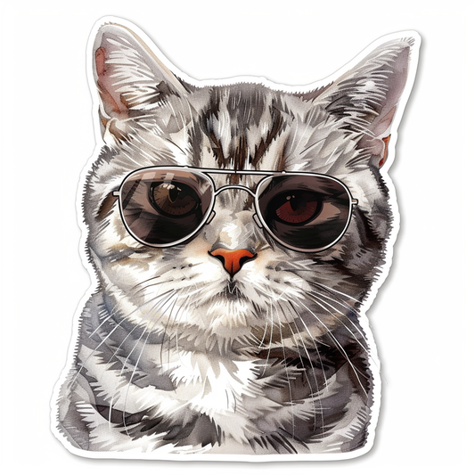 American Shorthair Cat wearing sunglasses Expressive surreal Vinyl Decal Sticker for Car, Laptop, Tumbler and more # F019916-4" x 4"