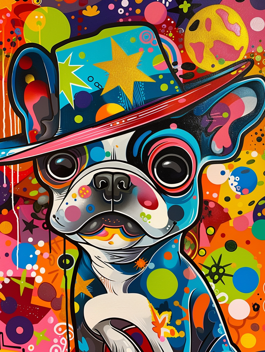 colorful space Boston Terrier dog with a hat Expressive surreal Poster # F024995