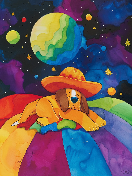 Colorful space Beagle dog with a hat Expressive surreal Poster # F024915
