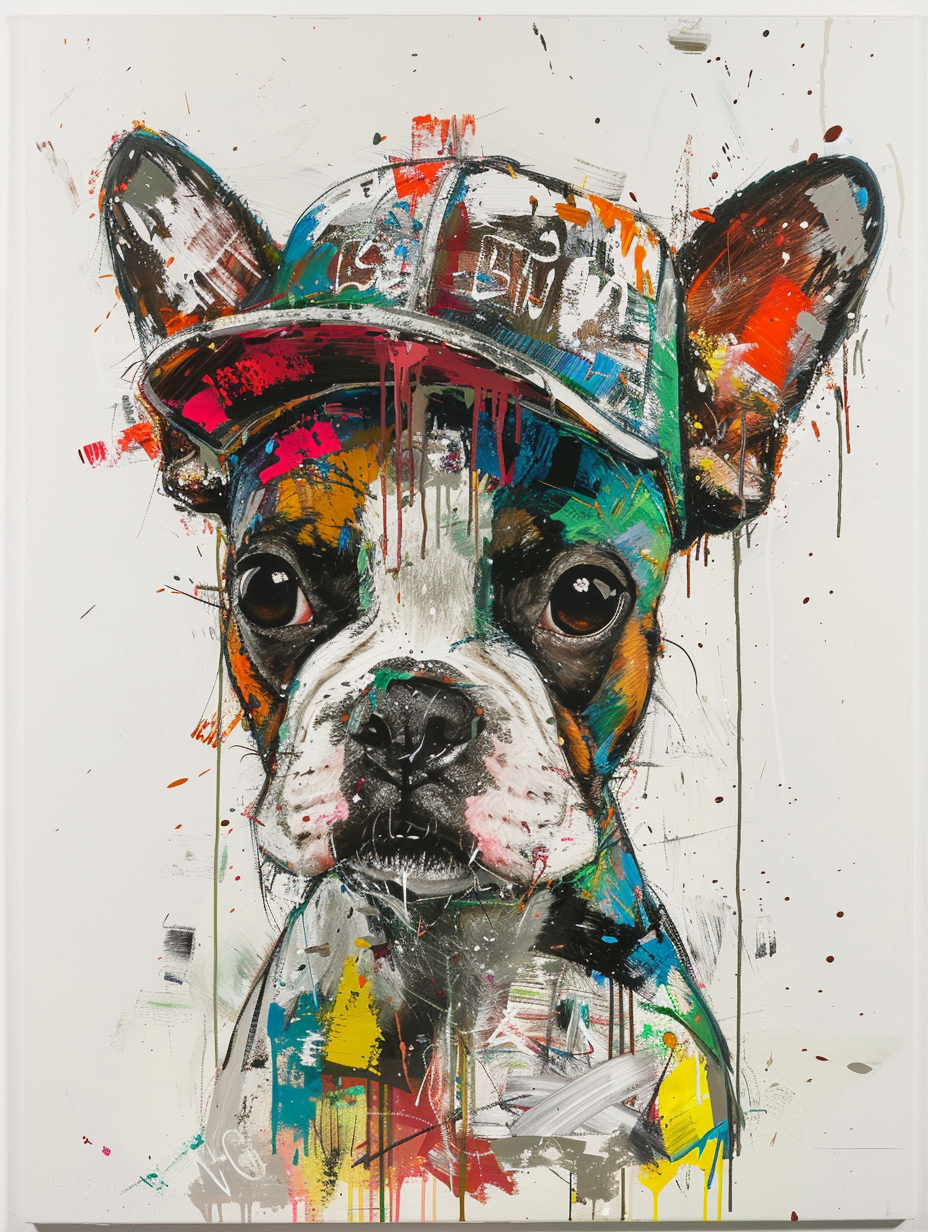 Colorful space Boston Terrier dog with a hat Expressive surreal Poster # F024630