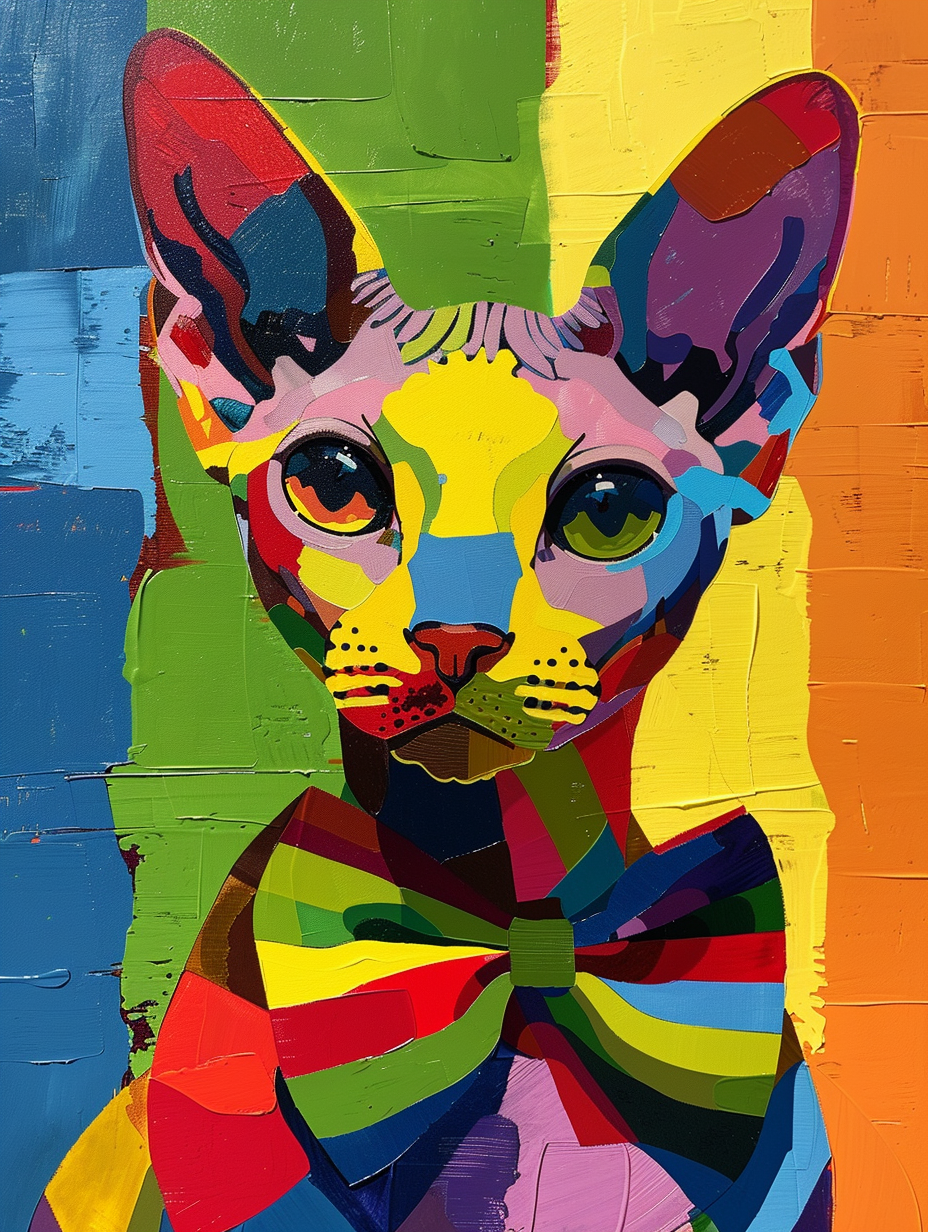 Colorful space Devon Rex cat with a bow tie Expressive surreal Poster # F024353