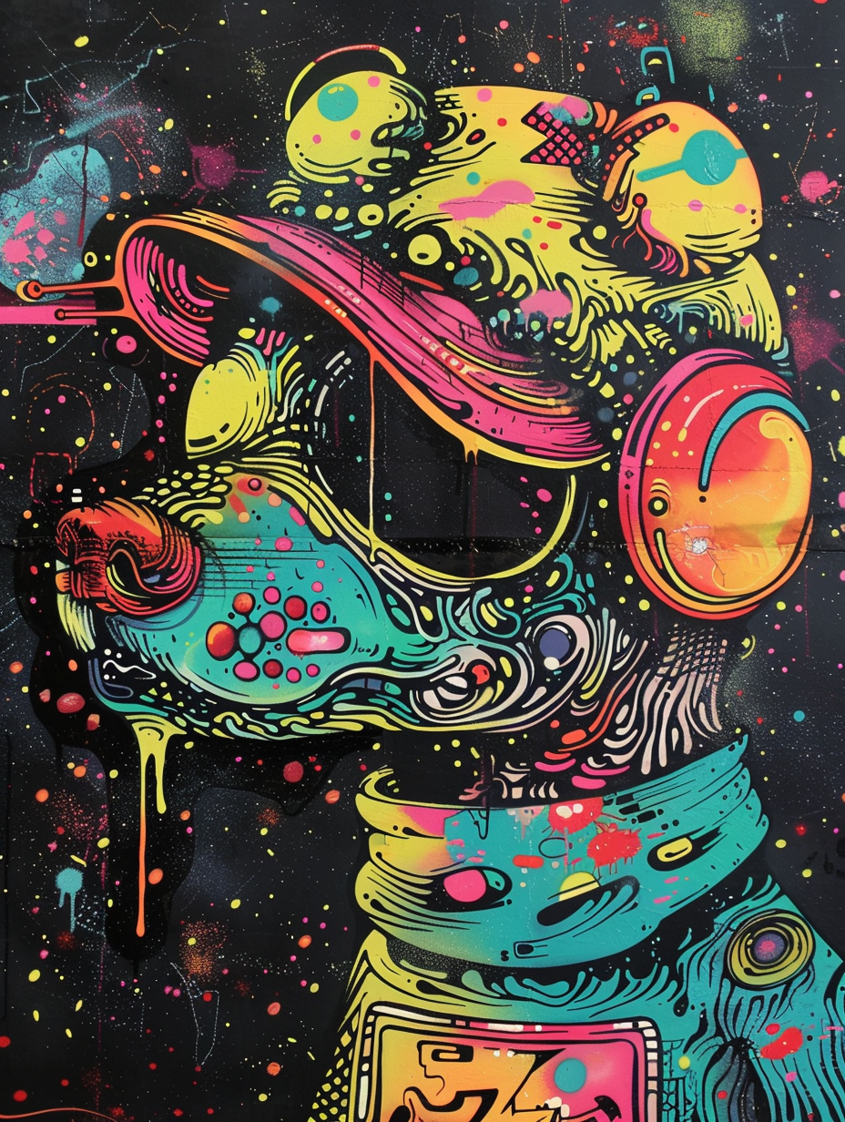 Colorful space Poodle dog with a hat Expressive surreal Poster # F024894