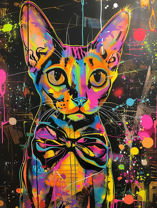 Colorful space Abyssinian cat with a bow tie Expressive surreal Poster # F024352
