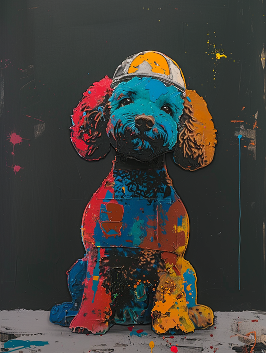 Colorful space Poodle dog with a hat Expressive surreal Poster # F025105