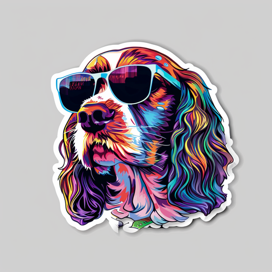 Cocker Spaniel Dog wearing sunglasses Expressive surreal Vinyl Decal Sticker for Car, Laptop, Tumbler and more # F020119-4" x 4"