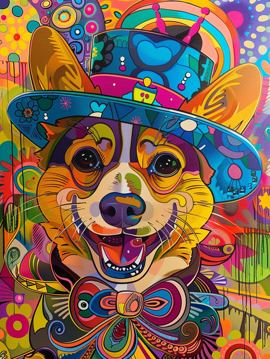 Colorful space Pembroke Welsh Corgi dog with a hat Expressive surreal Poster # F024448
