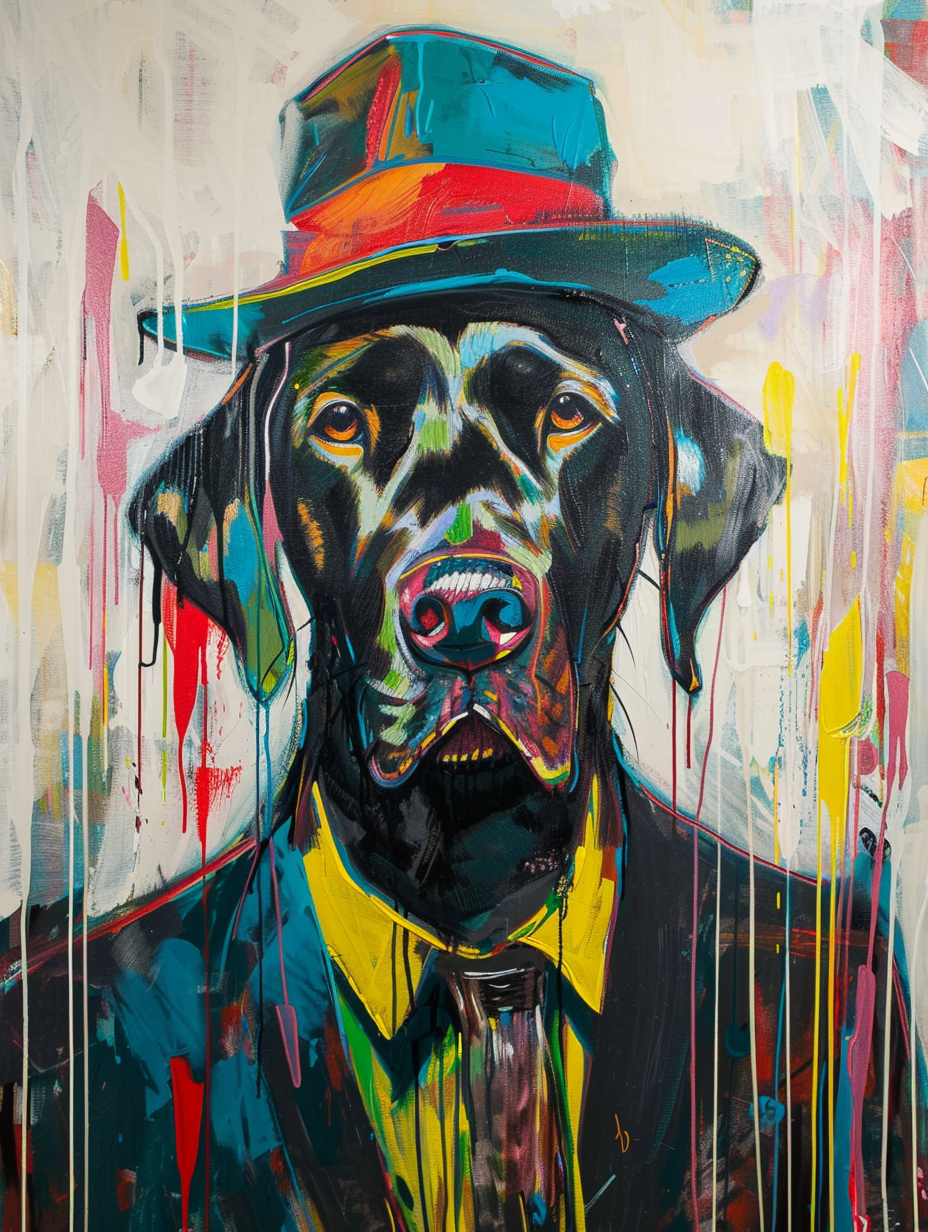 colorful space Labrador Retriever dog with a hat Expressive surreal Poster # F025598