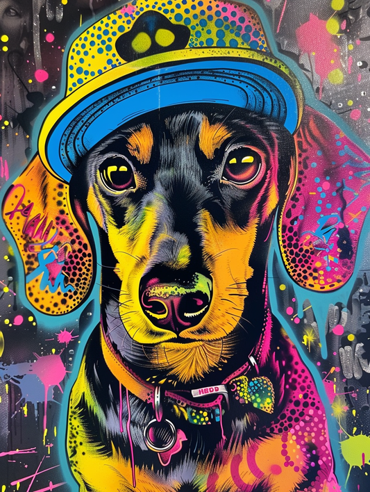 Colorful space Dachshund dog with a hat Expressive surreal Poster # F025081