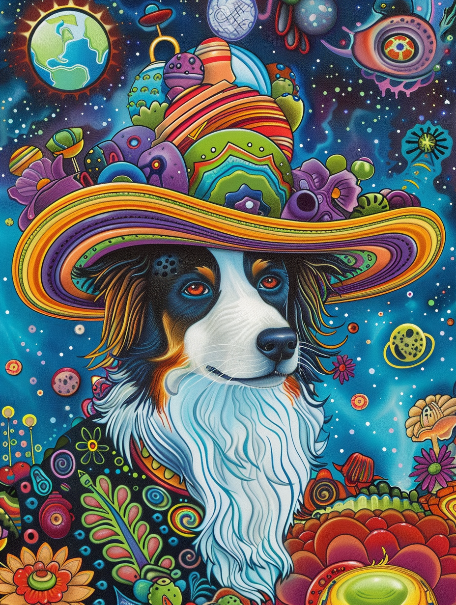 Colorful space Border Collie dog with a hat Expressive surreal Poster # F025108