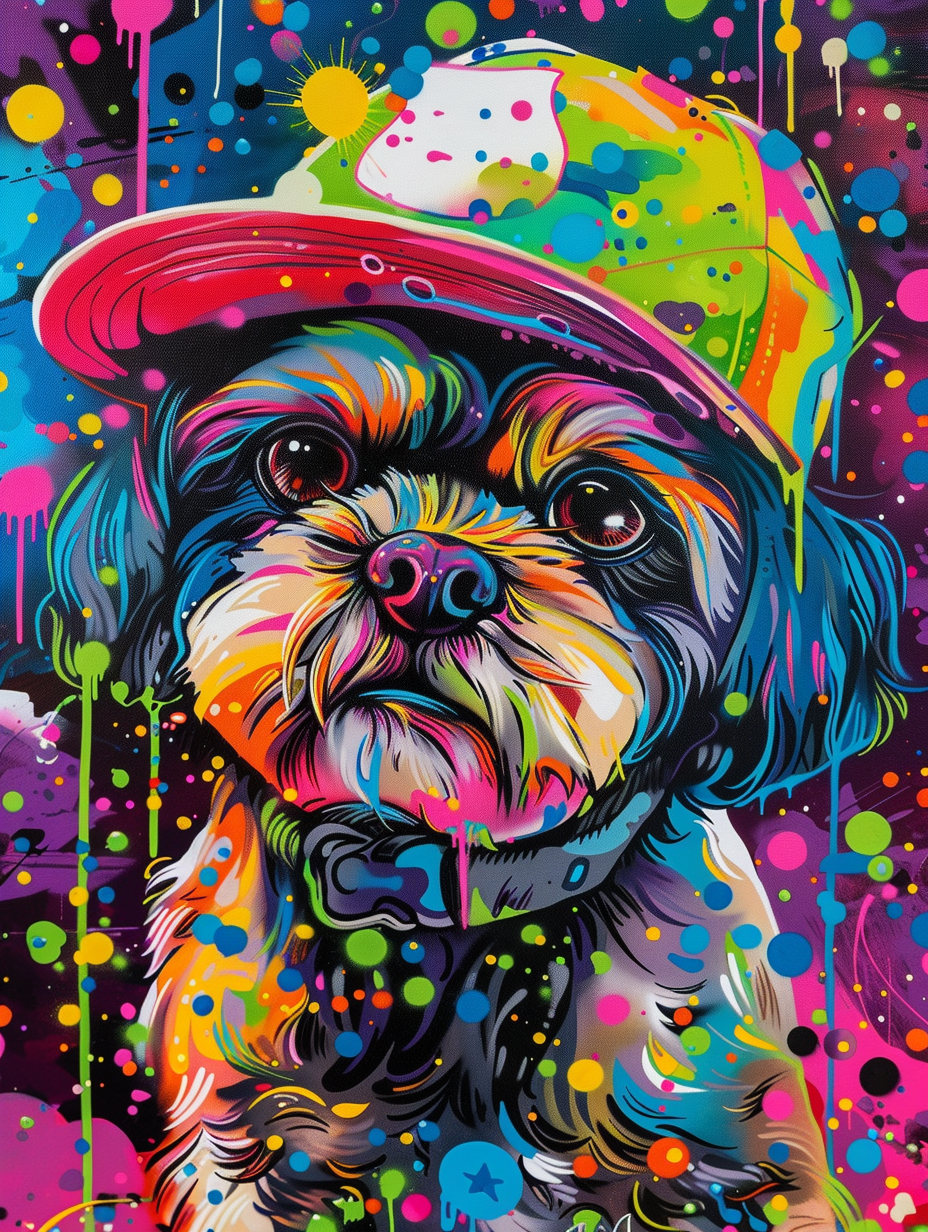 Colorful space Shih Tzu dog with a hat Expressive surreal Poster # F025075