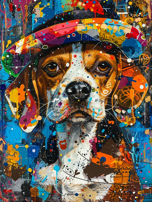 Colorful space Beagle dog with a hat Expressive surreal Poster # F024514