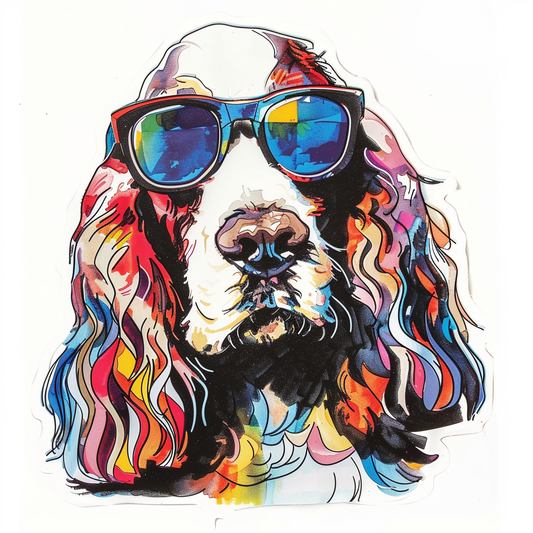 Cocker Spaniel Dog wearing sunglasses Expressive surreal Vinyl Decal Sticker for Car, Laptop, Tumbler and more # F020099-4" x 4"