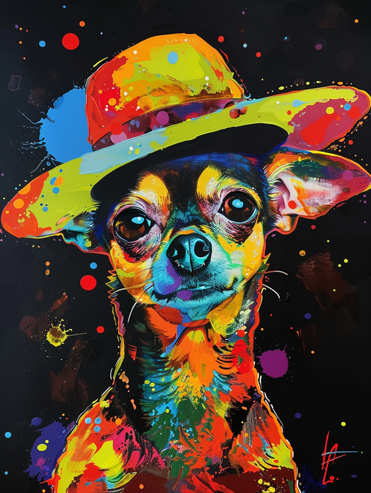 Colorful space Chihuahua dog with a hat Expressive surreal Poster # F025011