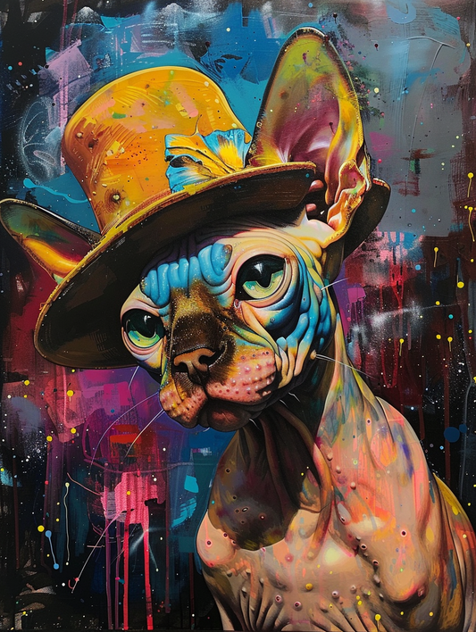 Colorful space Sphynx cat with a hat Expressive surreal Poster # F024662