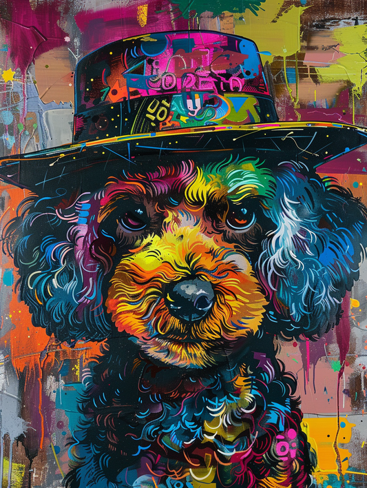 Colorful space Poodle dog with a hat Expressive surreal Poster # F025565
