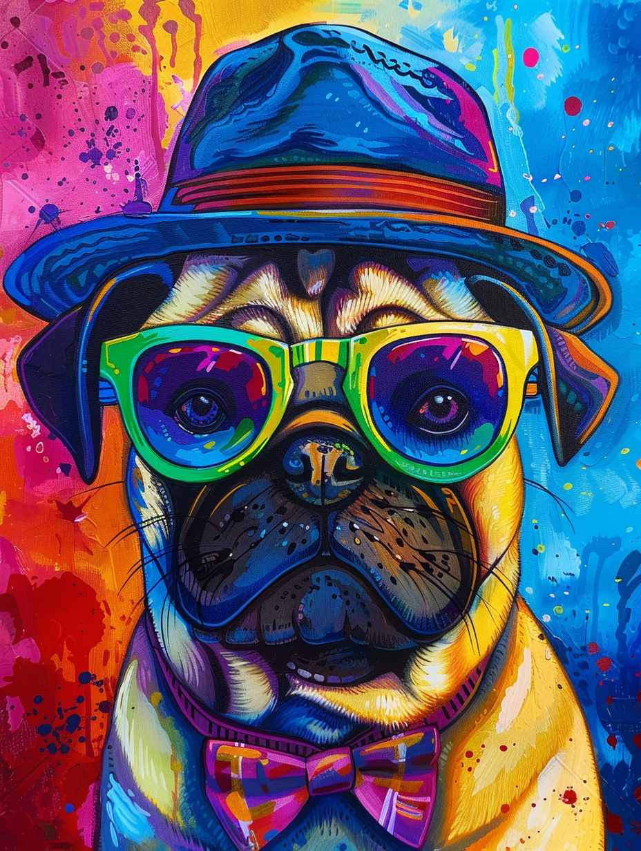 Colorful space Pug dog with a hat Expressive surreal Poster # F024990